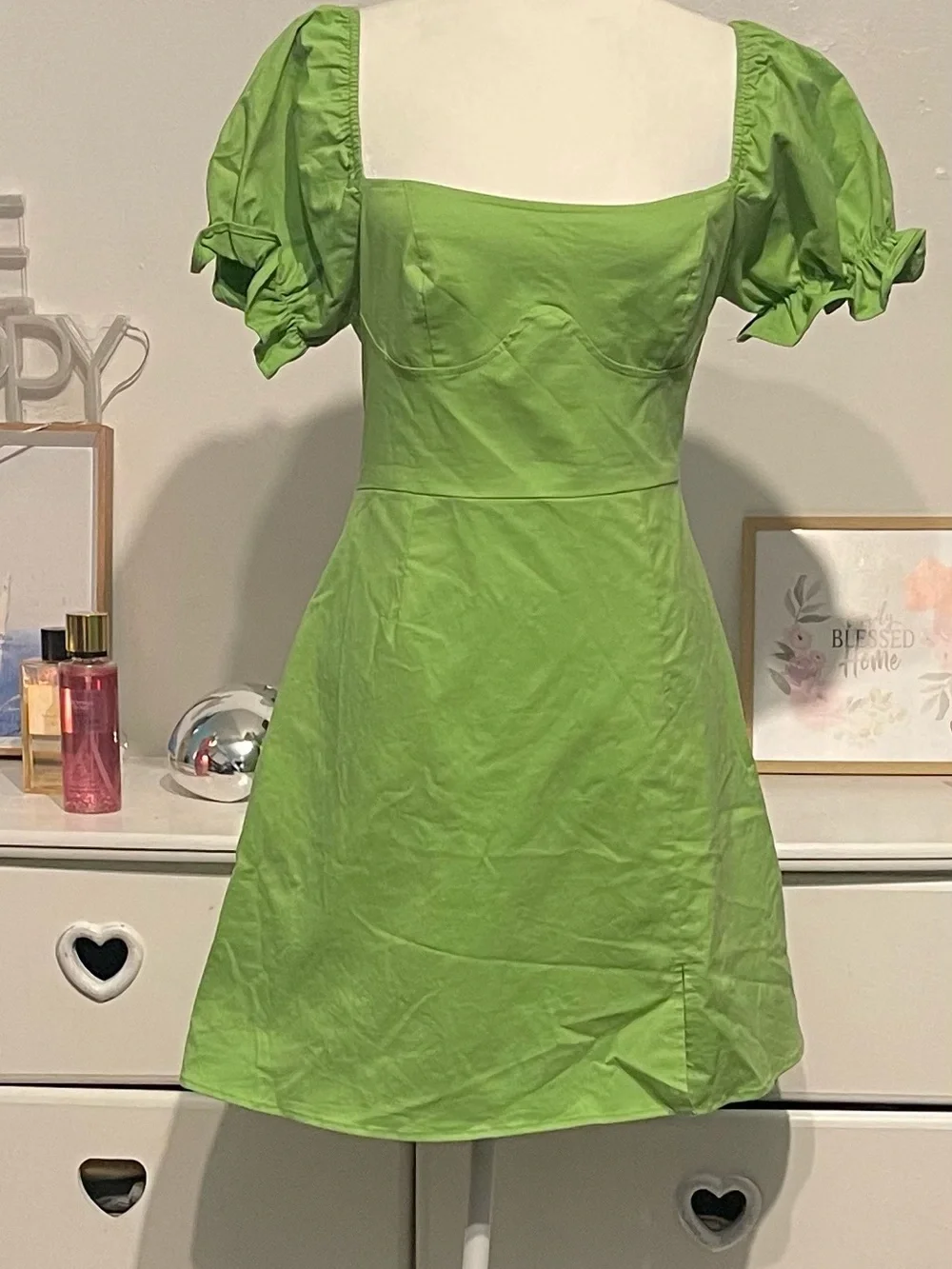 Fashion Nova Lime Green Puff Sleeve Square Neck Mini Dress size XL NWT